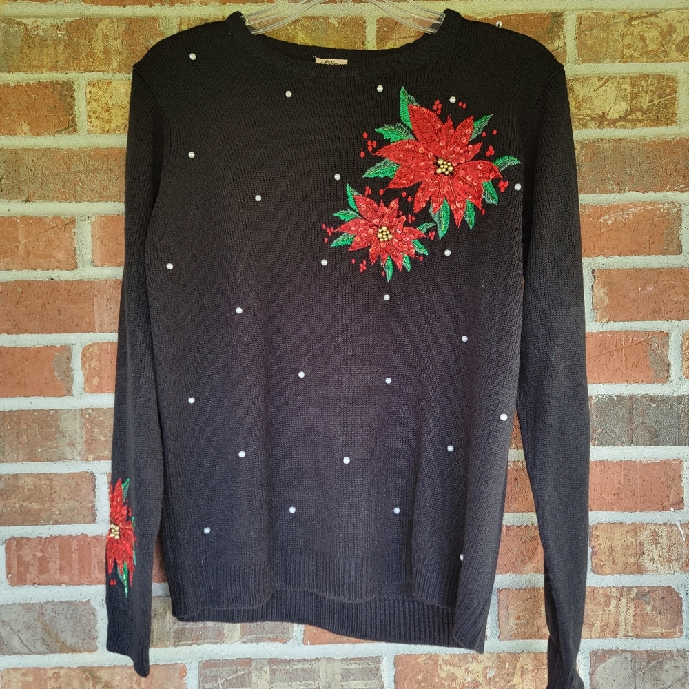 VintageUpscale Ugly Poinsetta Christmas Sweater w/ Embroidery, Beading & Sequins
